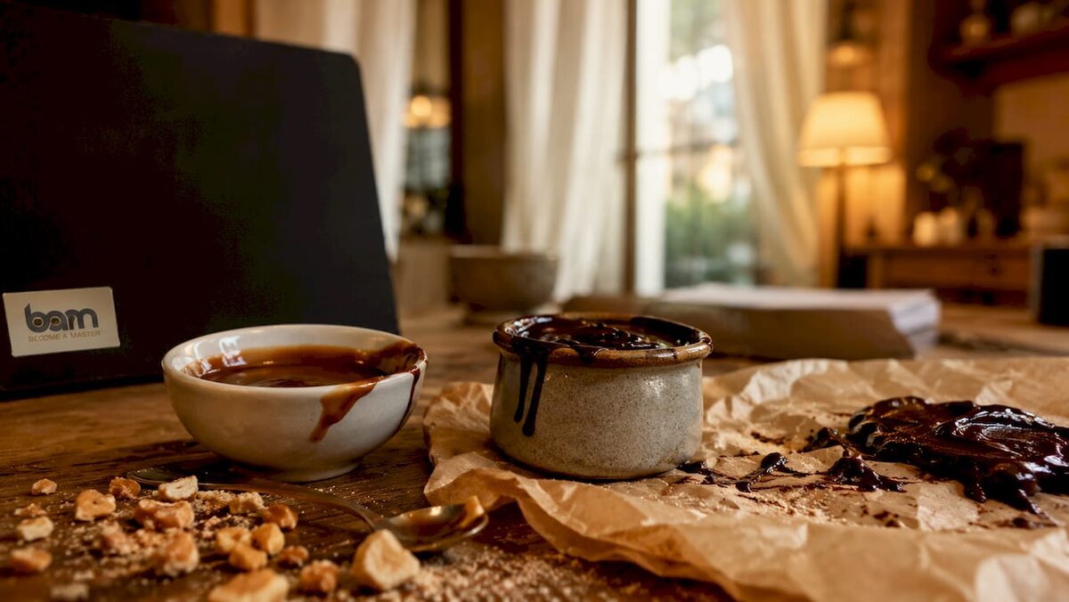 Zbliżenie na sos czekoladowy ganache i sos karmelowy